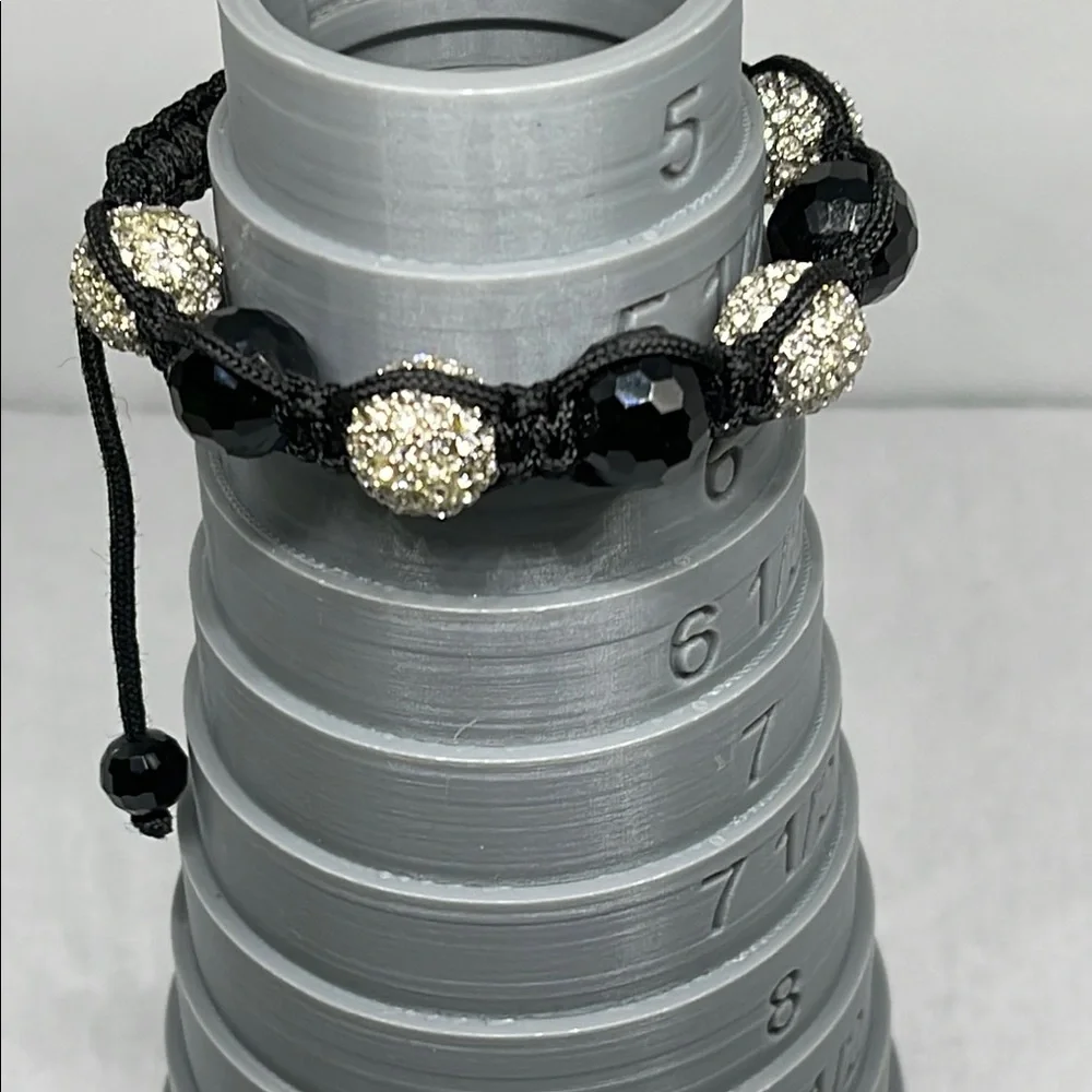 Adjustable Black glass and Silver tone pace rhinestone Beaded Bracelet